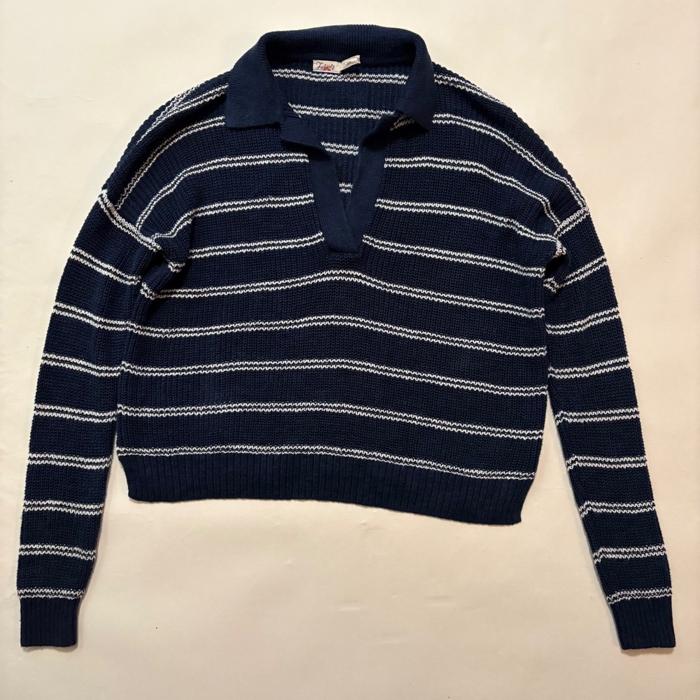 Faherty Navy Blue White Striped Linen Cotton Polo Sweater WYU2301-YTS XS